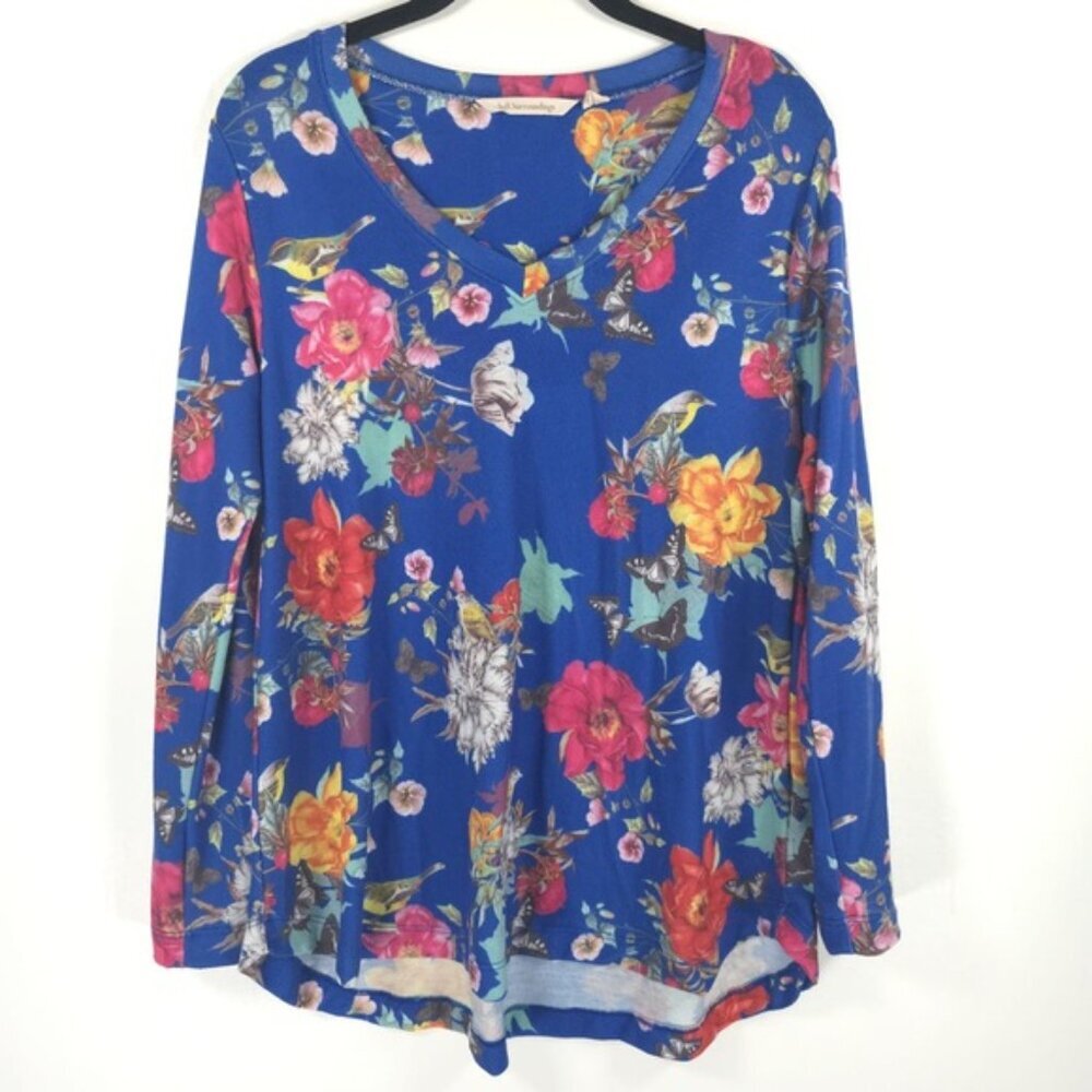Soft Surroundings Top Cerulean Floral Butterflies Birds V Neck Tunic Size‎ PM